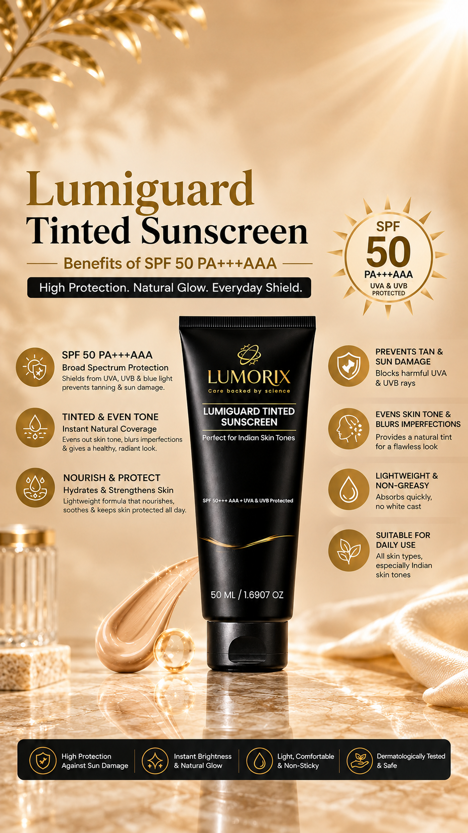 Lumiguard Tinted Sunscreen: Benefits of SPF 50 +++ AAA + UVA & UVB Protection
