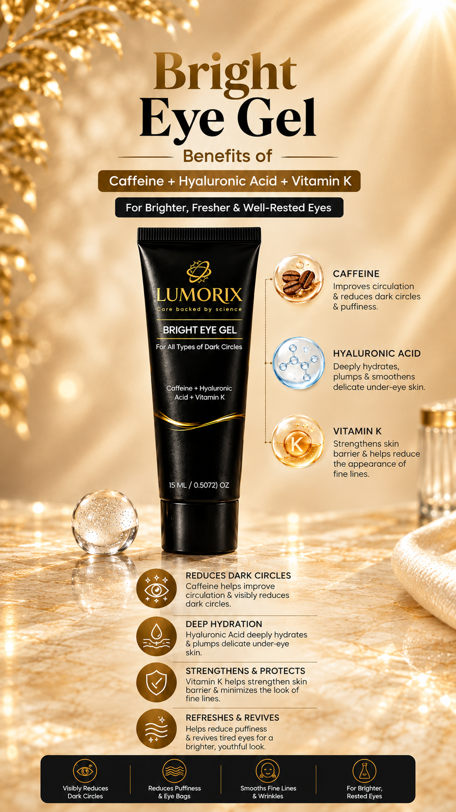 Bright Eye Gel: Benefits of Caffeine + Hyaluronic Acid + Vitamin K