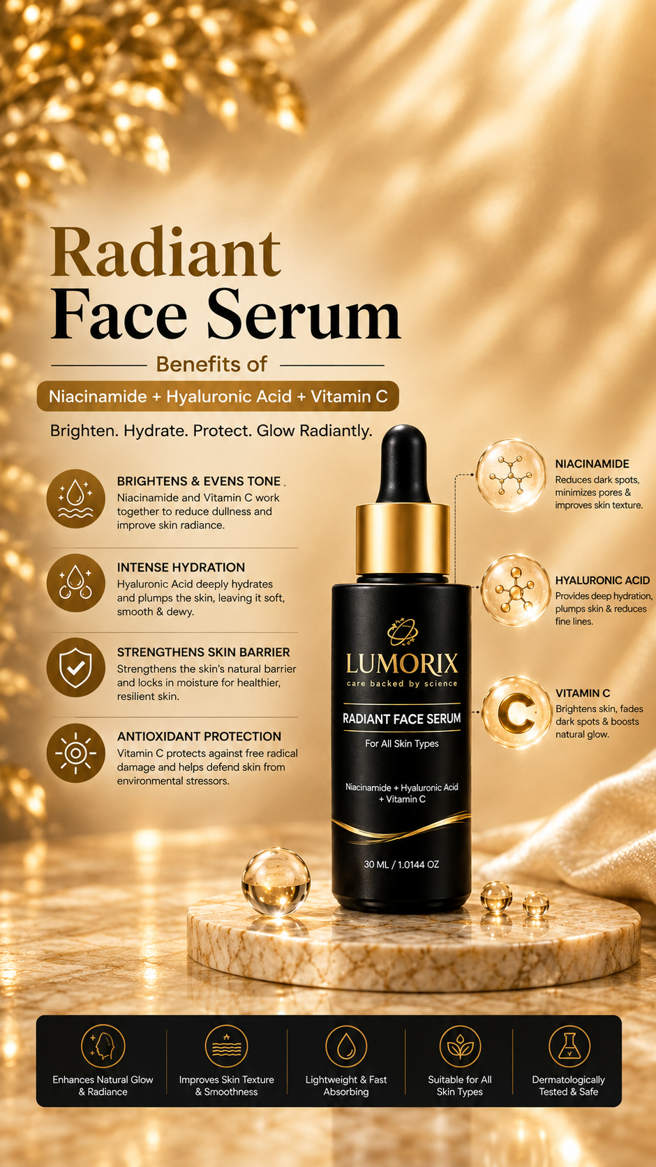 Radiant Face Serum: Benefits of Niacinamide + Hyaluronic Acid + Vitamin C