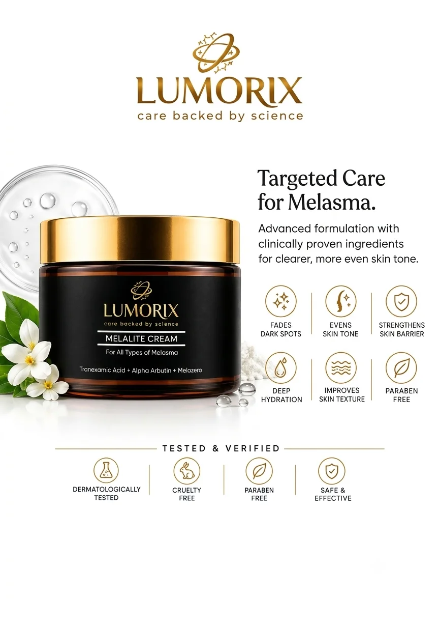 Discover how LUMORIX Melalite Cream, formulated with Tranexamic Acid, Alpha Arbutin, and Melazero, can support a skincare routine for uneven skin tone and pigmentation.
